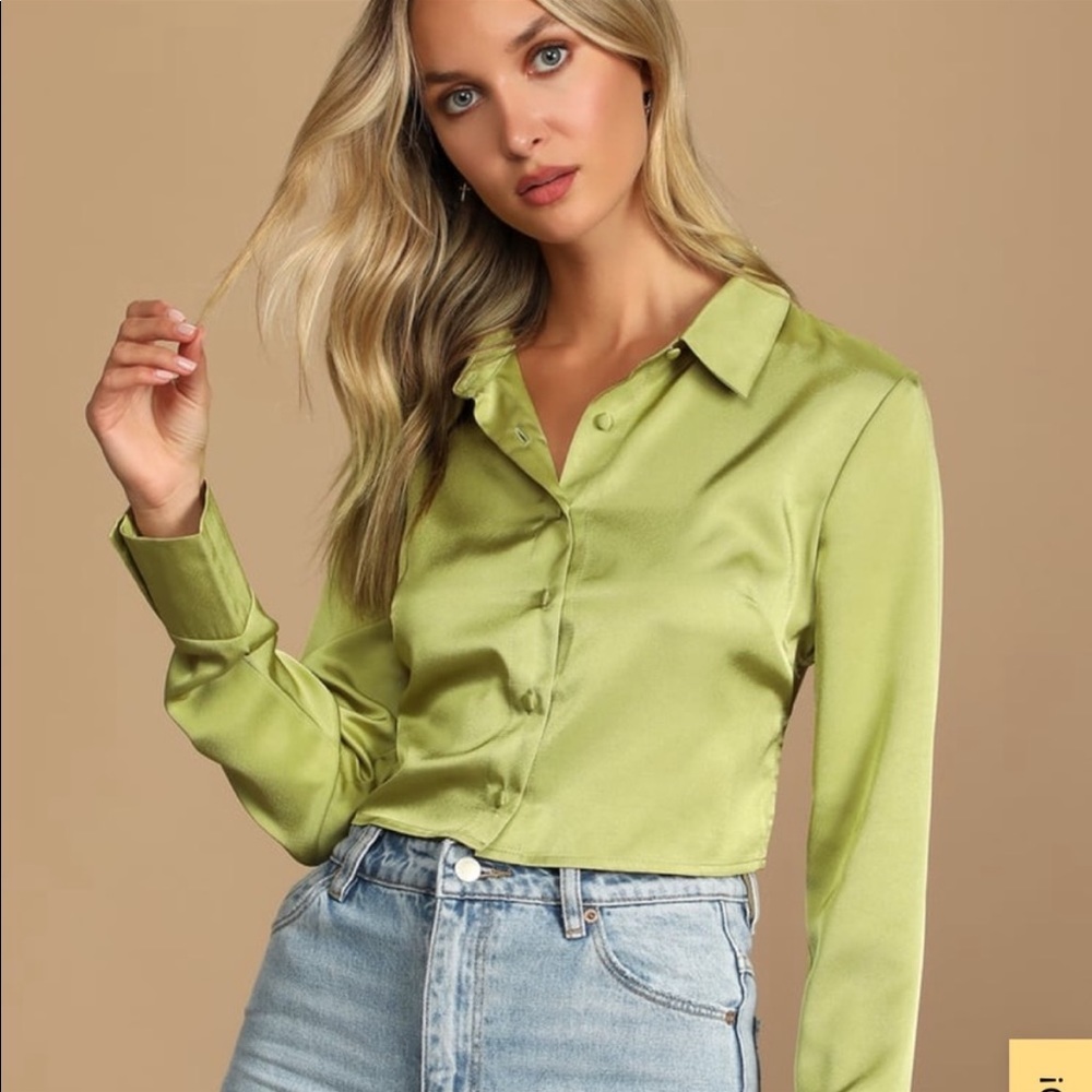 Welcome Back Light Green Satin Tie-Back Button-Up Crop Top